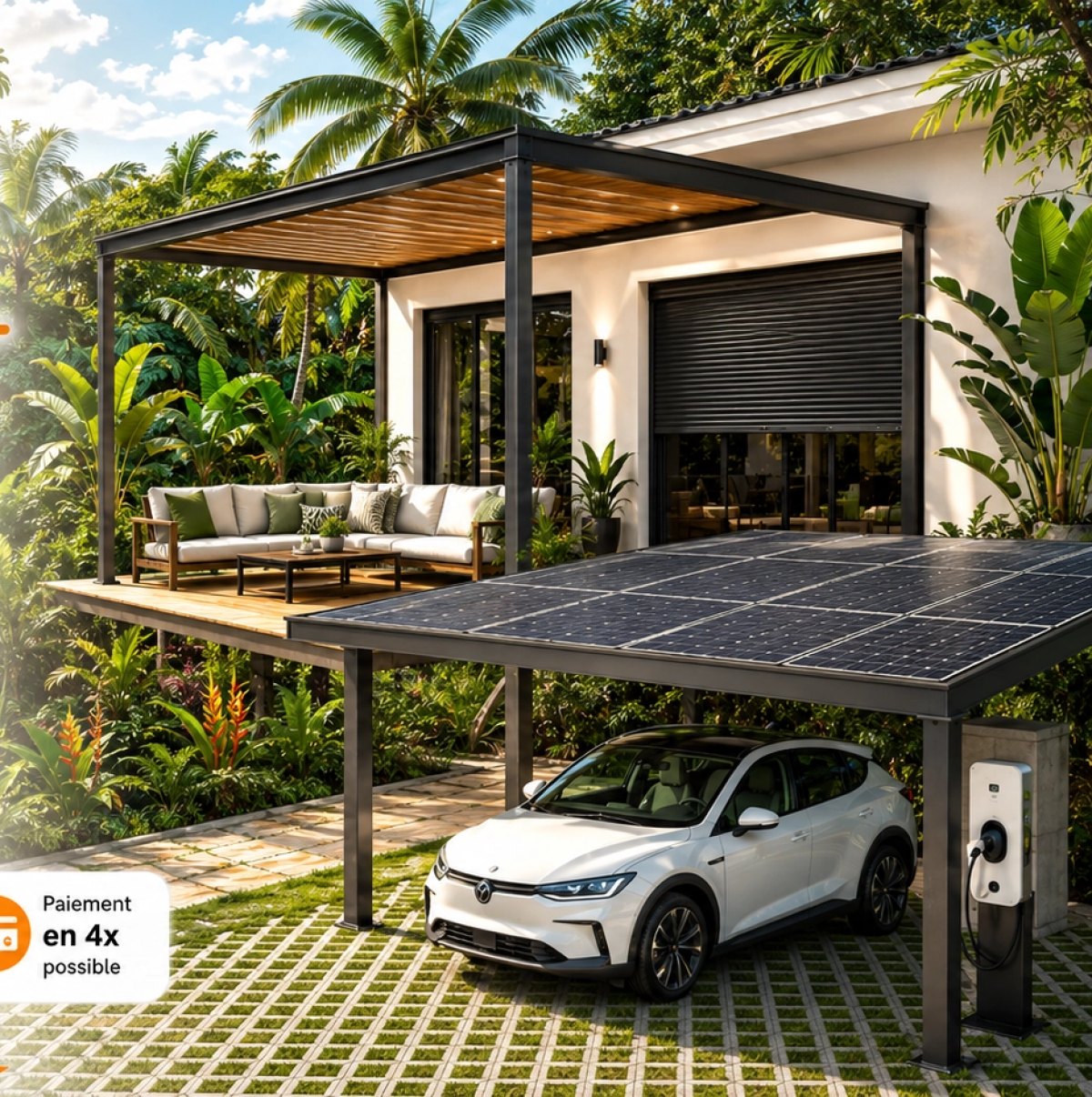 Villa en Martinique avec pergola bioclimatique, volets roulants et carport solaire Nord System